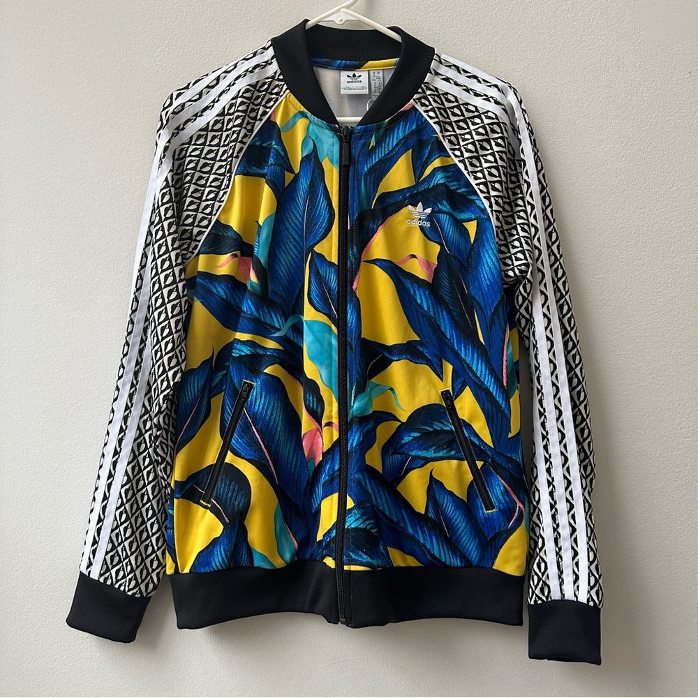 Adidas x Farm Rio Superstar Track Jacket NWT Size L | Blue Yellow Palm Print